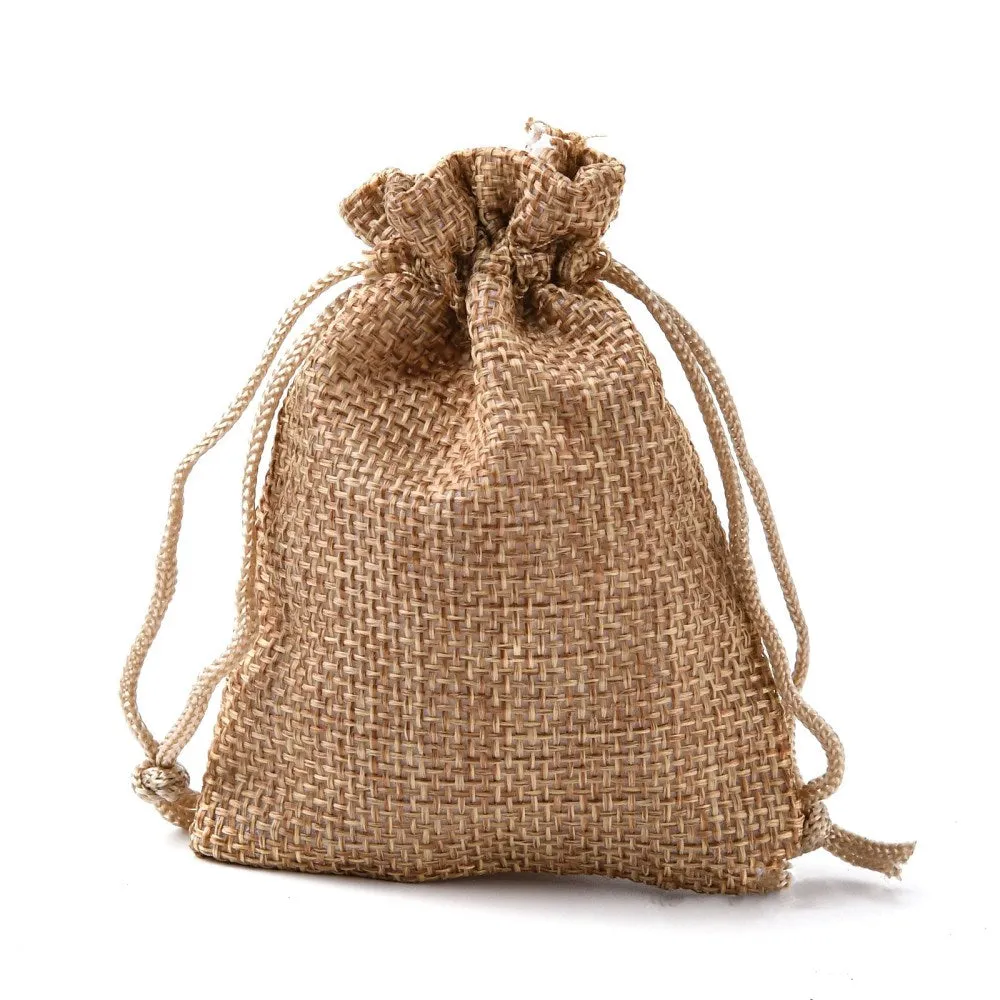 10 pc Polyester Imitation Burlap Packing Pouches Drawstring Bags, Mixed Color, 9x7cm