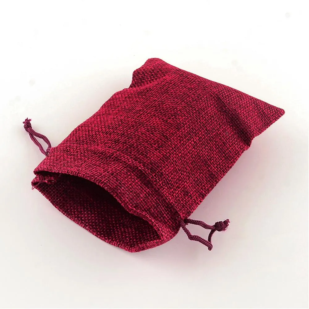100 pc Polyester Imitation Burlap Packing Pouches Drawstring Bags, Dark Red, 13.5x9.5cm