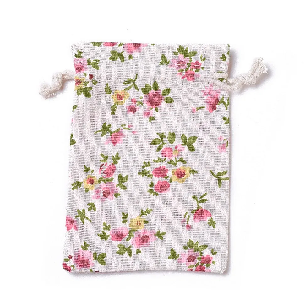 20 pc Burlap Packing Pouches, Drawstring Bags, Rectangle with Flower Pattern, Colorful, 14~14.4x10~10.2cm