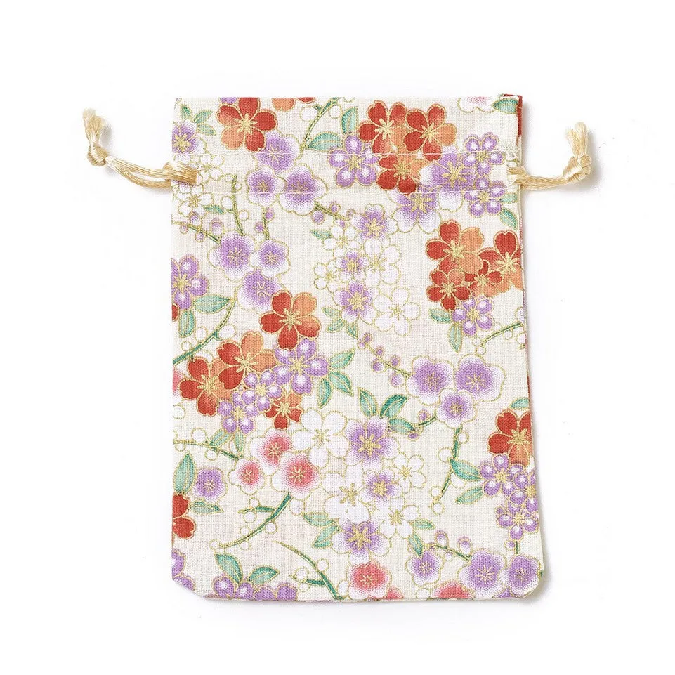 20 pc Burlap Packing Pouches, Drawstring Bags, Rectangle with Flower Pattern, Wheat, 14.2~14.7x10~10.3cm