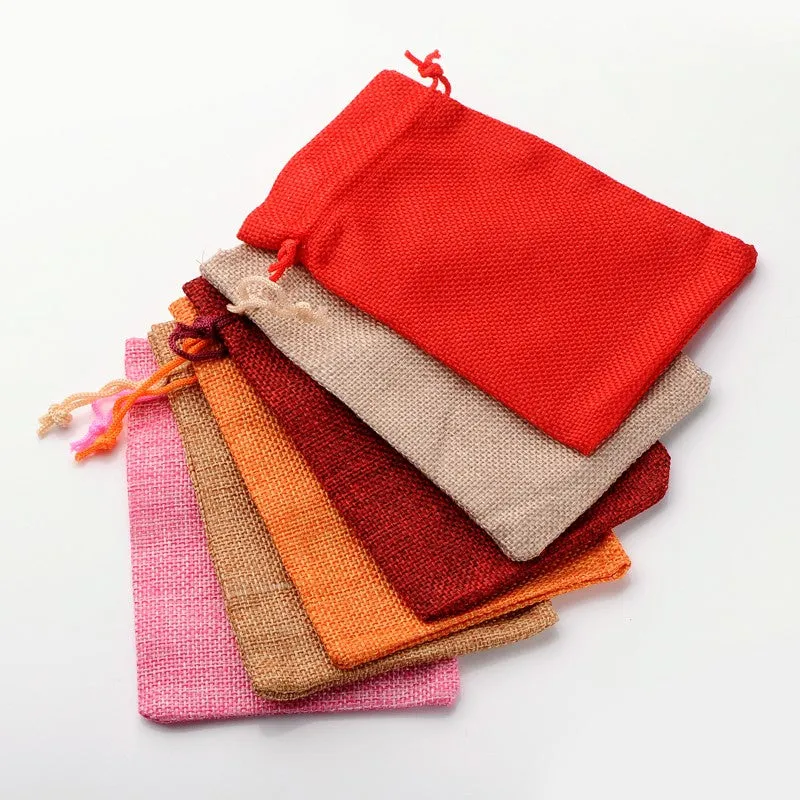 30 pc Polyester Imitation Burlap Packing Pouches Drawstring Bags, Mixed Style, Mixed Color, 13.5x9.5cm