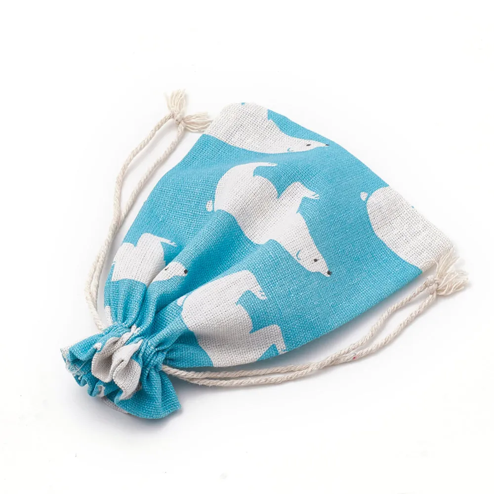 50 pc Polycotton(Polyester Cotton) Packing Pouches Drawstring Bags, with Printed White Bear, Light Sky Blue, 18x13cm