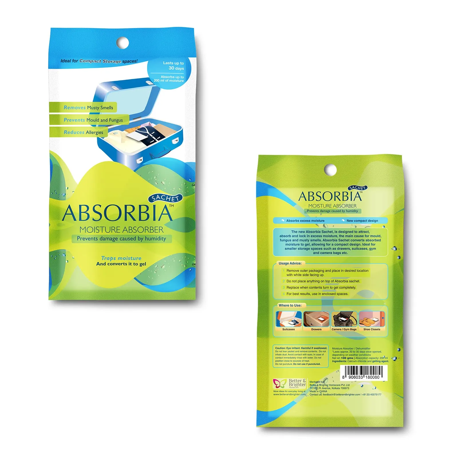 Absorbia Moisture Absorber | Absorbia Sachet - Season XL Pack of 12 X 5 (200ml Each) | Dehumidier for Bags, Suitcases Drawers | Fights Against Moisture, Mould, Fungus Musty smells