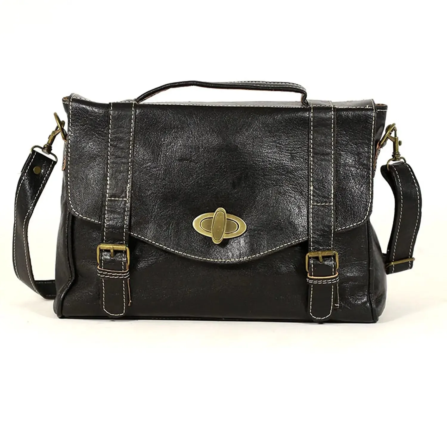 Biyadina Premium Vintage Messenger Leather Bag Handmade Satchel Black Antique Cowhide Leather