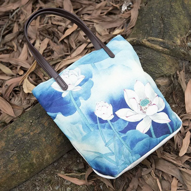 Casual Women Literature Canvas White Lotus Shoulder Bag
