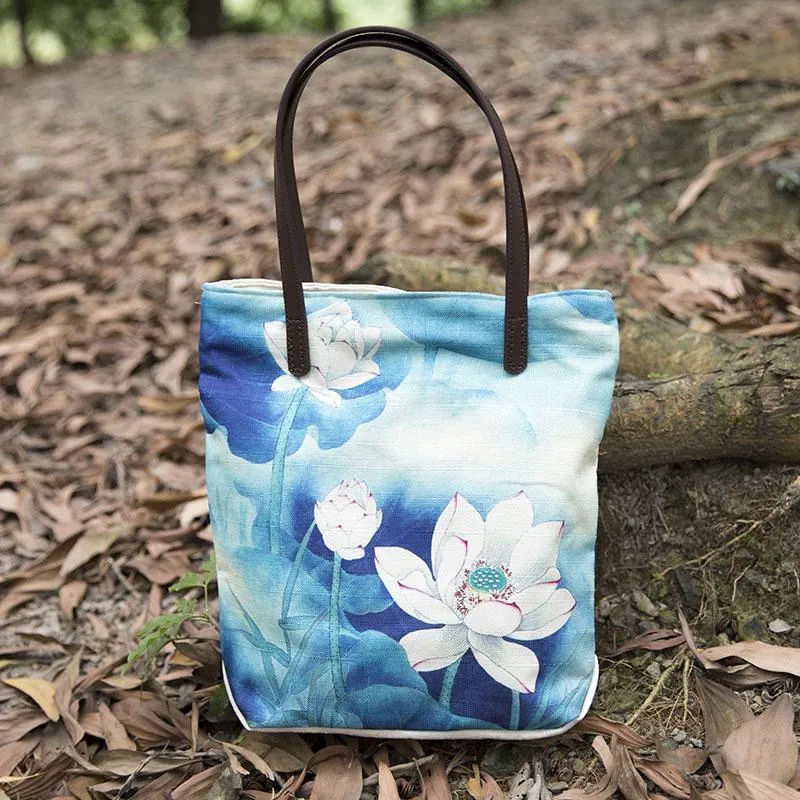 Casual Women Literature Canvas White Lotus Shoulder Bag