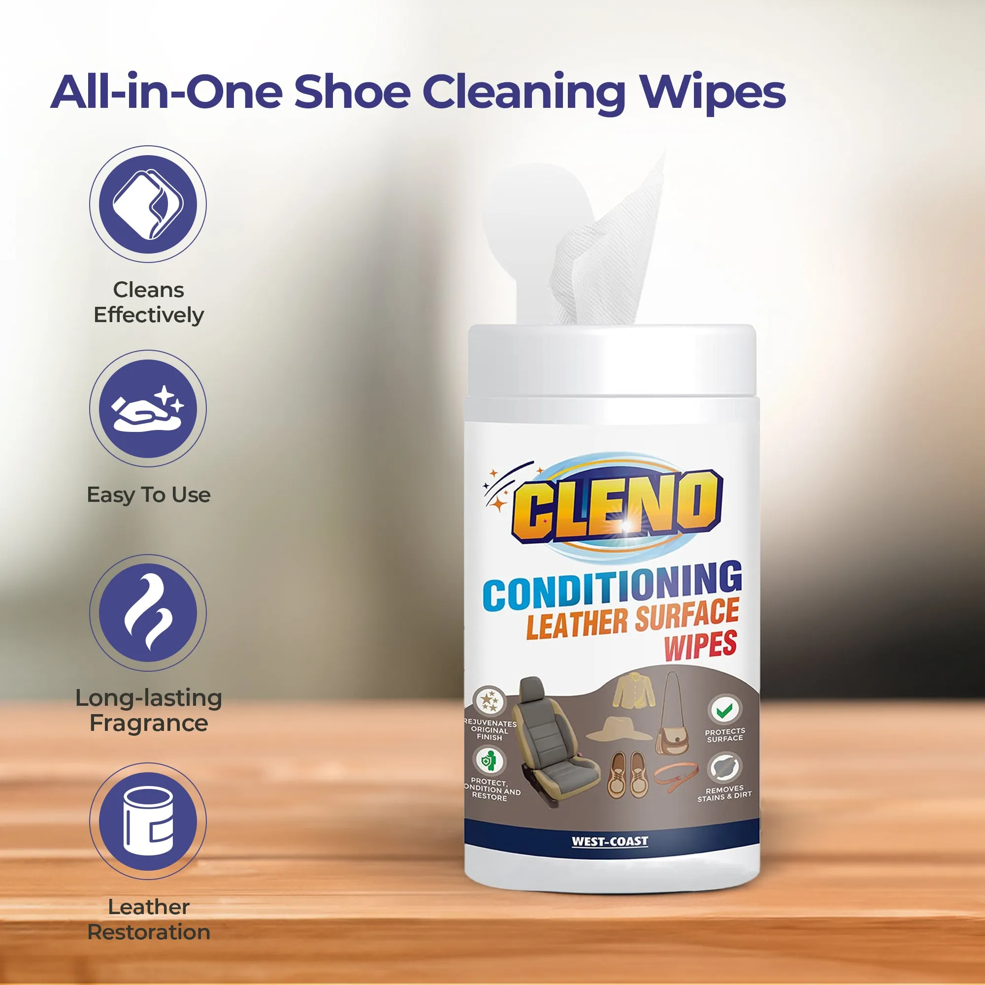 Cleno Conditioning Leather Surface Wet Wipes for Sofas, Bags, Leather Clothes & Interior, Car Seat, Luggage, Briefcases, Shoes, Handbags, Restores Polish and Gives Shine - 50 Wipes (Pack of 2) (Ready to Use)