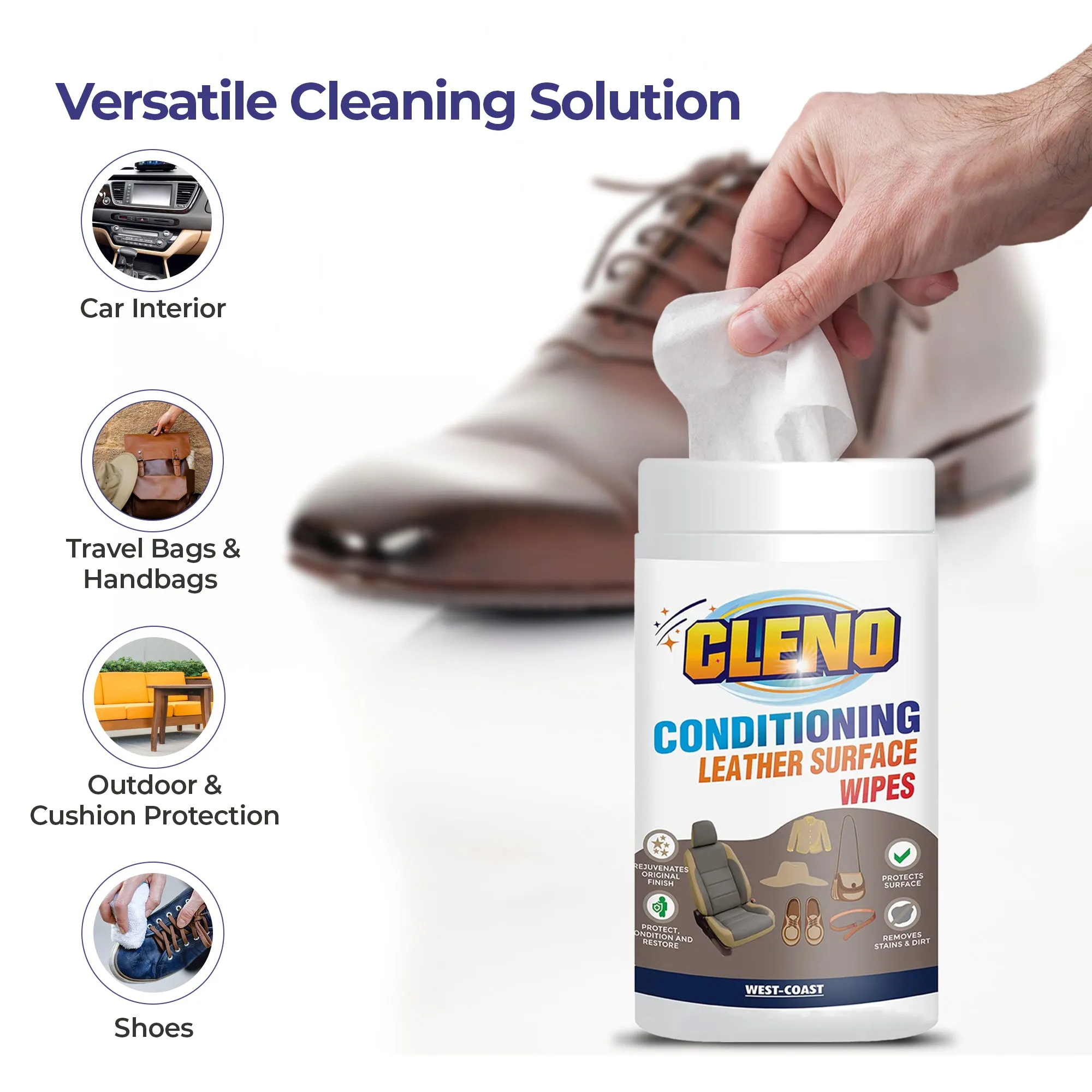 Cleno Conditioning Leather Surface Wet Wipes for Sofas, Bags, Leather Clothes & Interior, Car Seat, Luggage, Briefcases, Shoes, Handbags, Restores Polish and Gives Shine - 50 Wipes (Pack of 2) (Ready to Use)