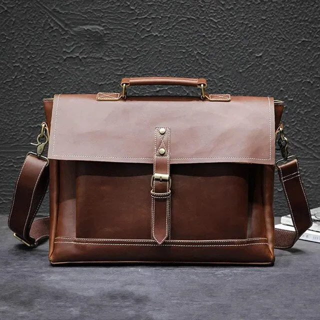 Crazy horse PU Leather Briefcase Men Vintage Laptop Handbag Women Large Tote Business Office Shoulder Bags Male Retro Travel Bag