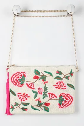 Embroidered Floral Tassel Bag