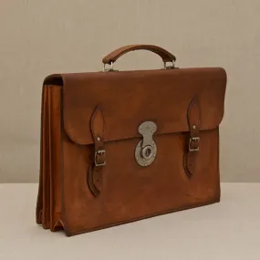 Flap-over Mid Tan Leather Briefcase