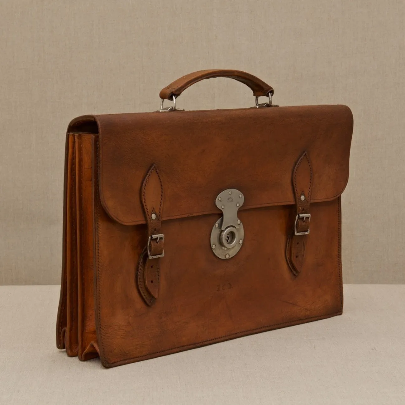 Flap-over Mid Tan Leather Briefcase