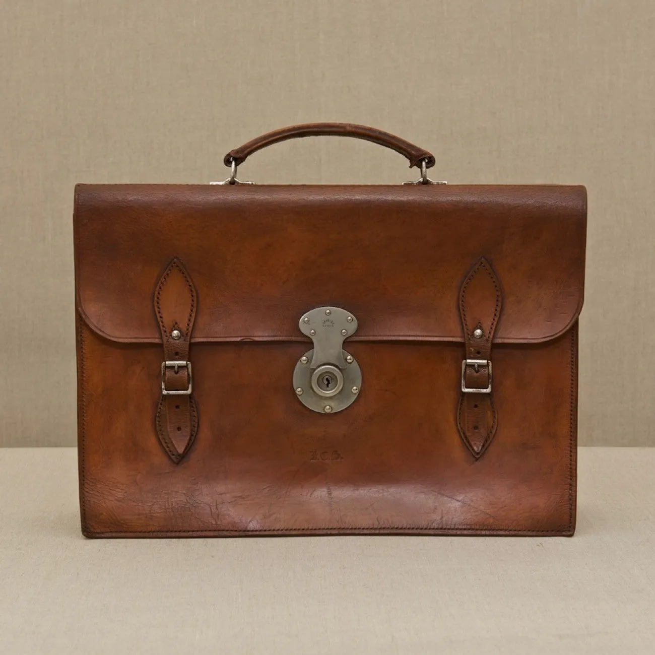 Flap-over Mid Tan Leather Briefcase