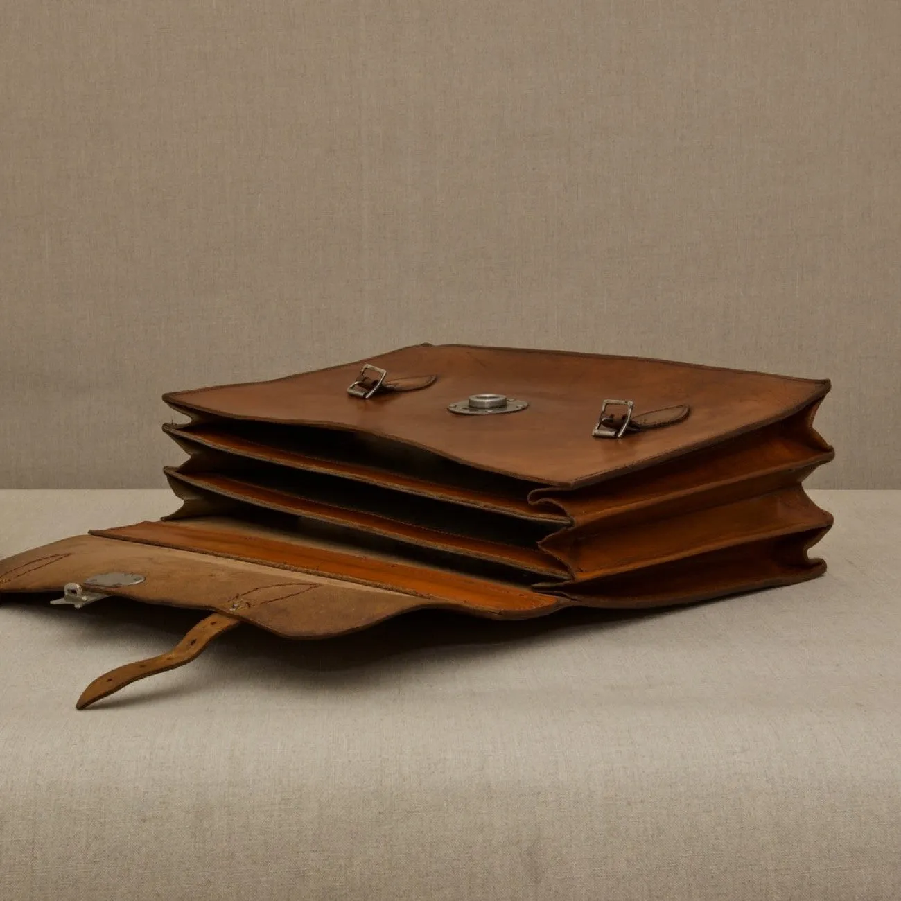 Flap-over Mid Tan Leather Briefcase