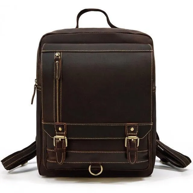 Genuine Leather Backpack Mens Travel Bag 15 Inch Laptop