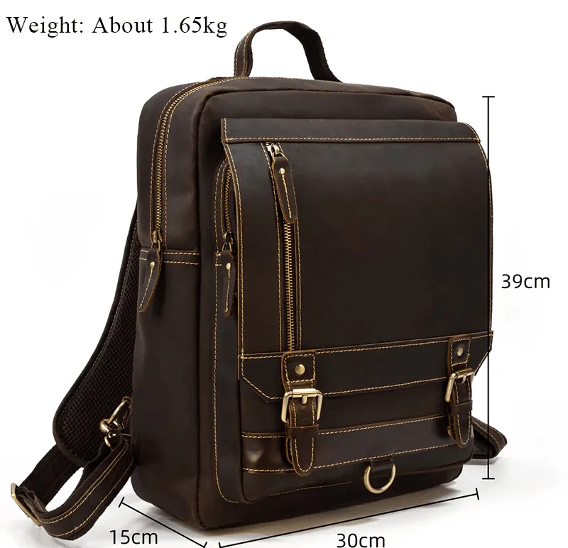 Genuine Leather Backpack Mens Travel Bag 15 Inch Laptop