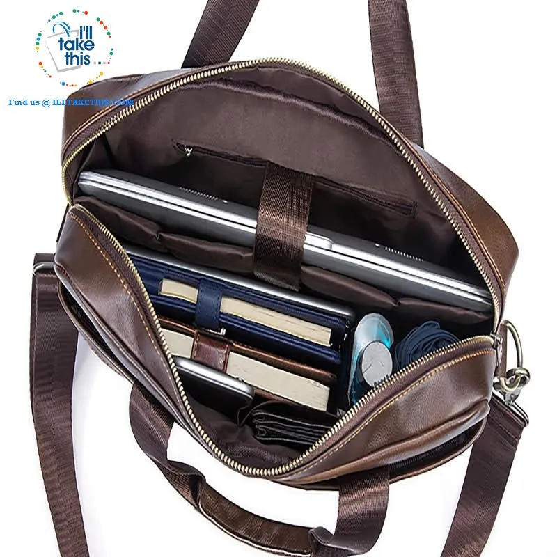 Large 14" Briefcase wrapped in Genuine Leather, Ideal male fashion Crossbody Bag - Black or Coffee