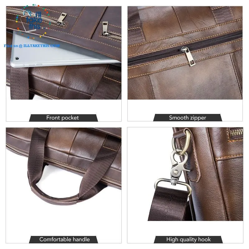 Large 14" Briefcase wrapped in Genuine Leather, Ideal male fashion Crossbody Bag - Black or Coffee