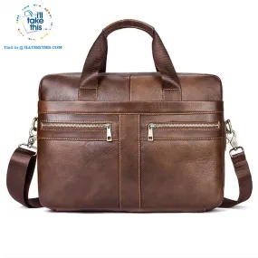 Large 14" Briefcase wrapped in Genuine Leather, Ideal male fashion Crossbody Bag - Black or Coffee