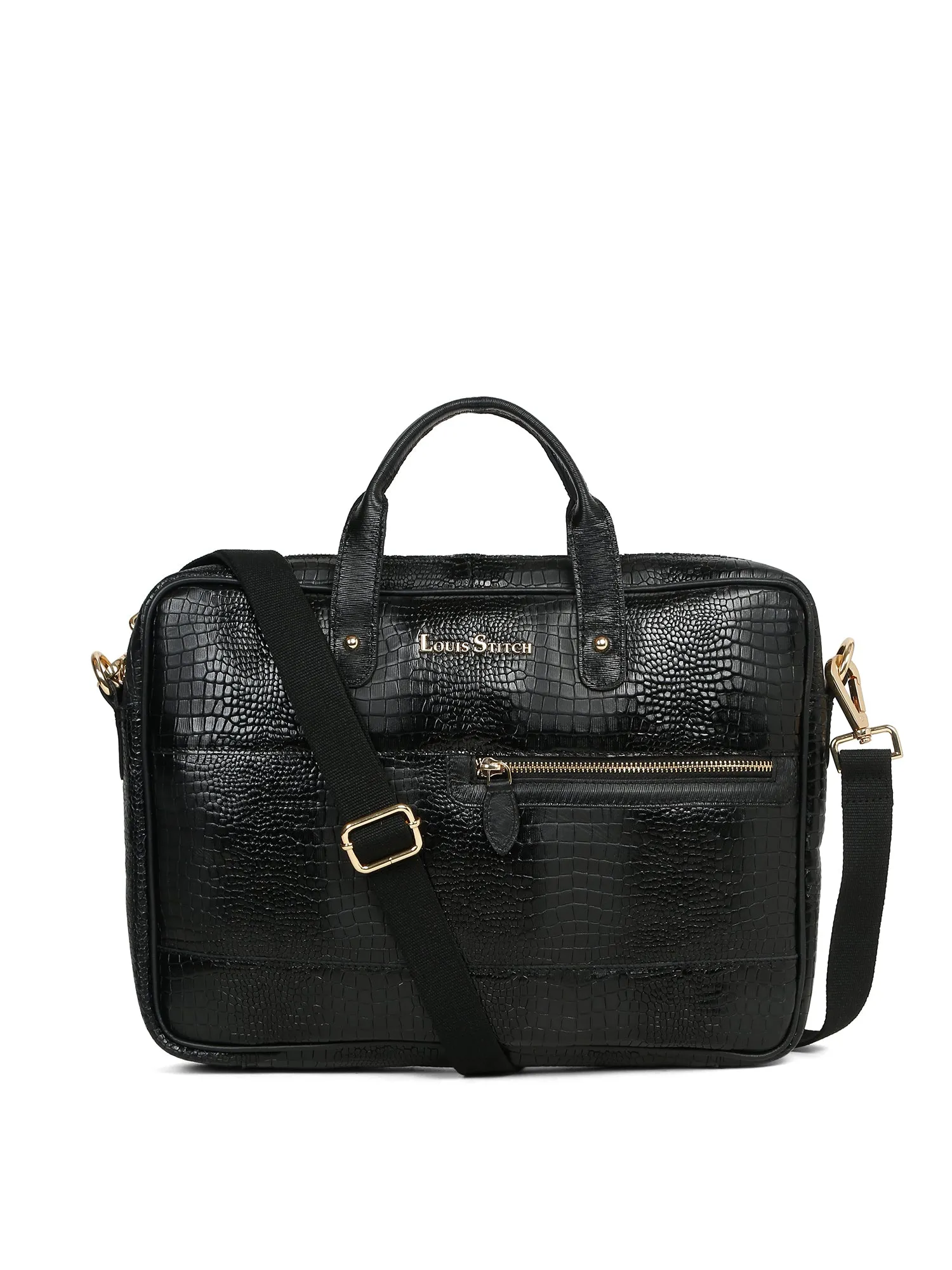 Men's Black Italian Leather Dual Tone Laptop Bag with a Shoulder Strap