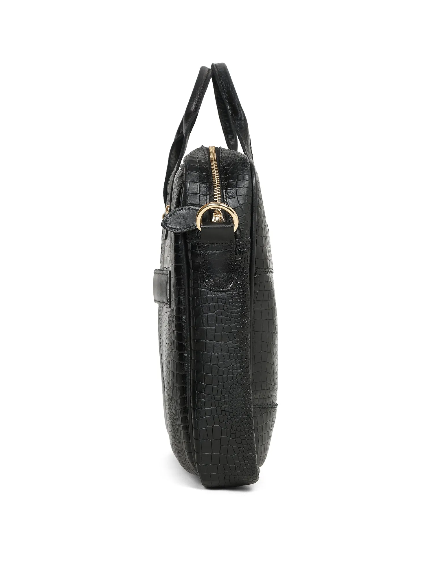 Men's Black Italian Leather Dual Tone Laptop Bag with a Shoulder Strap