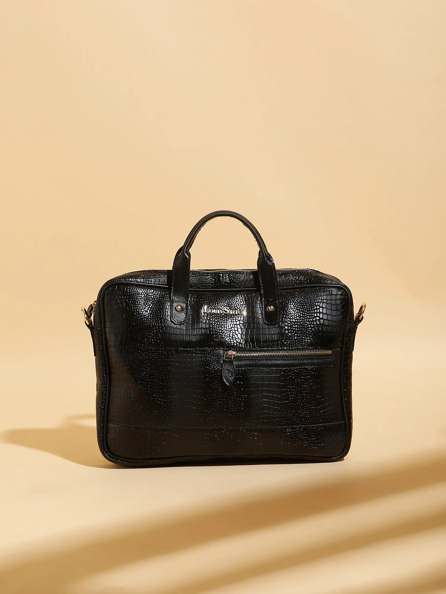 Men's Black Italian Leather Dual Tone Laptop Bag with a Shoulder Strap