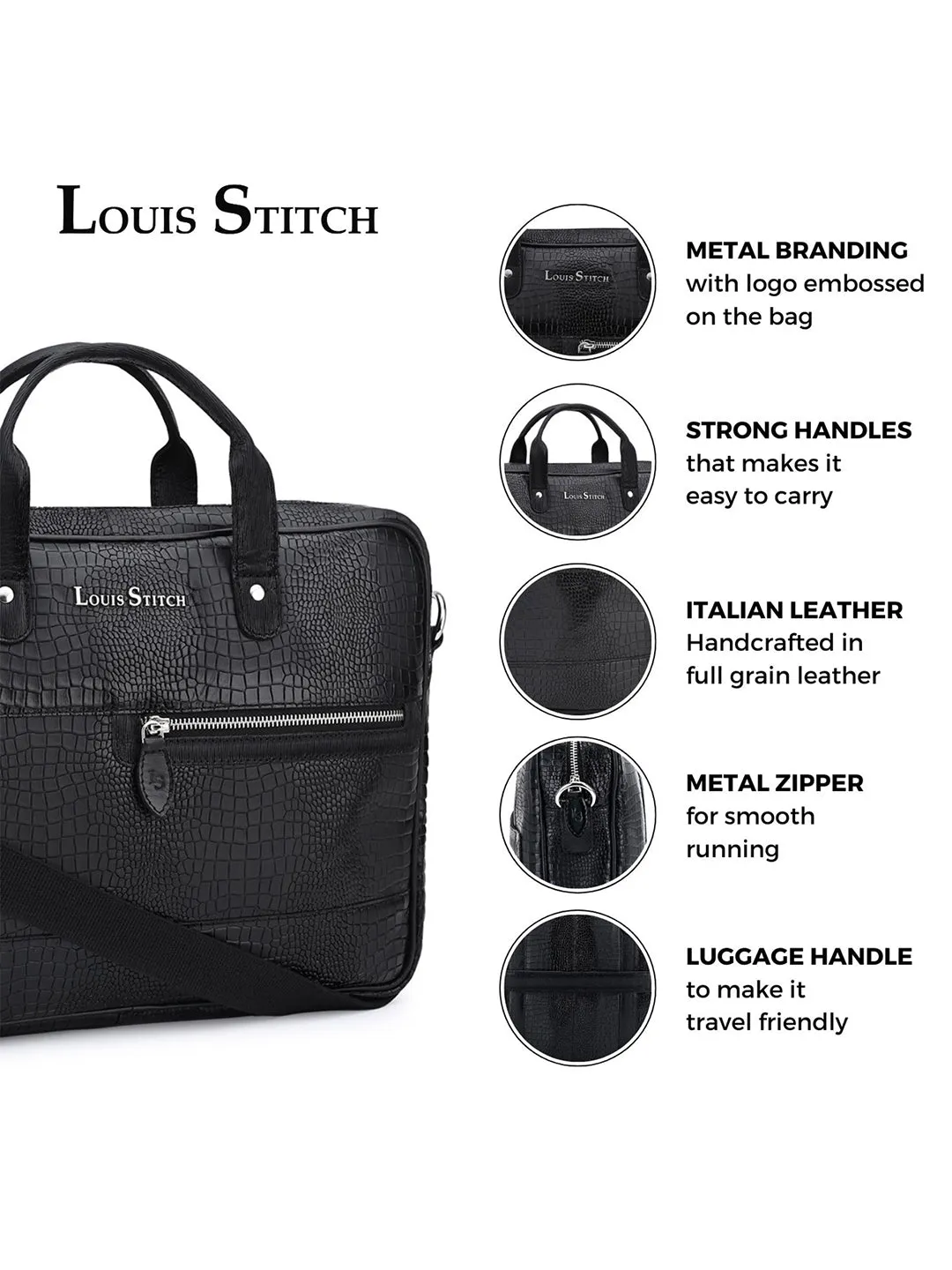 Men's Black Italian Leather Dual Tone Laptop Bag with Shoulder Strap