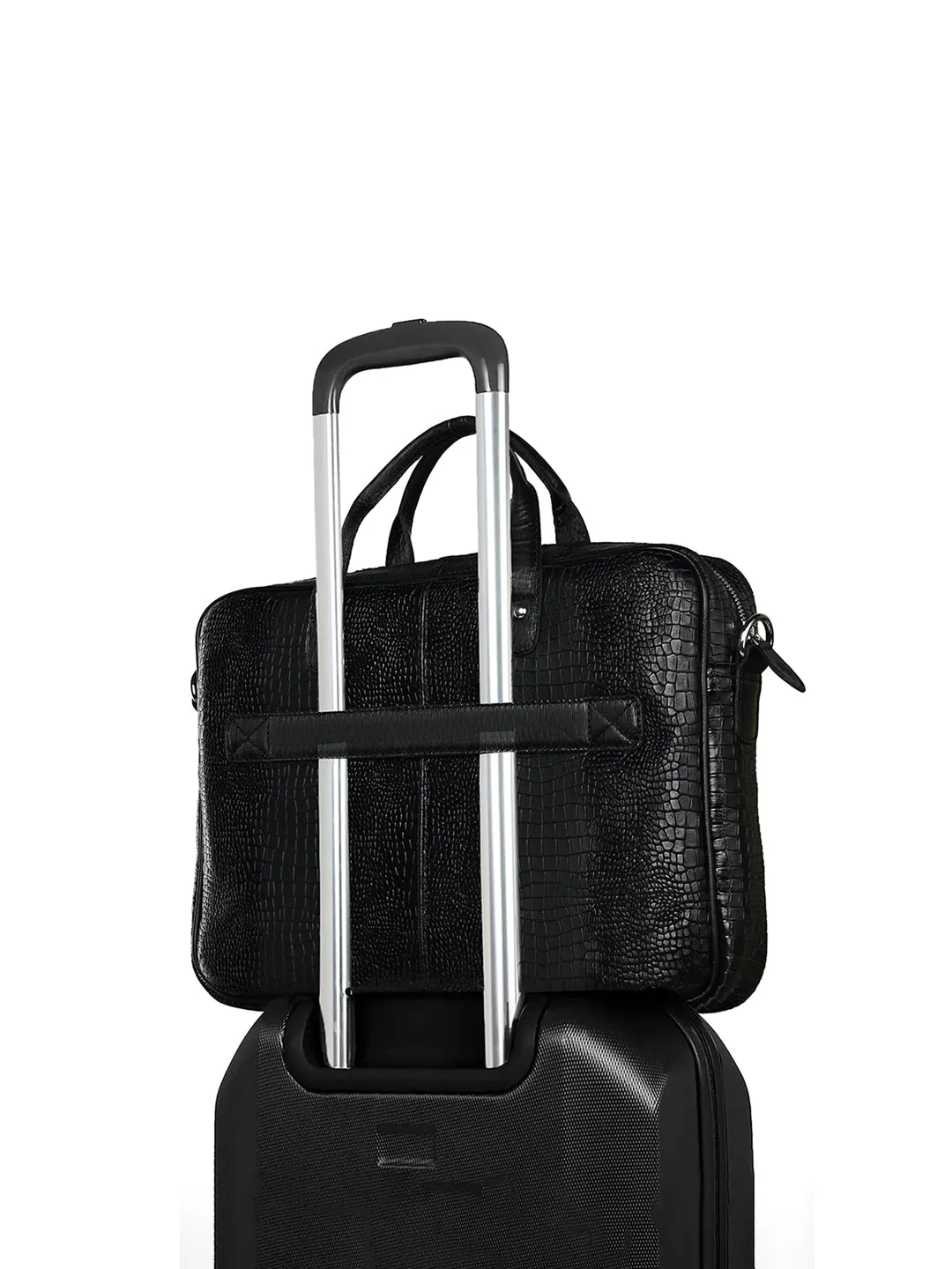 Men's Black Italian Leather Dual Tone Laptop Bag with Shoulder Strap