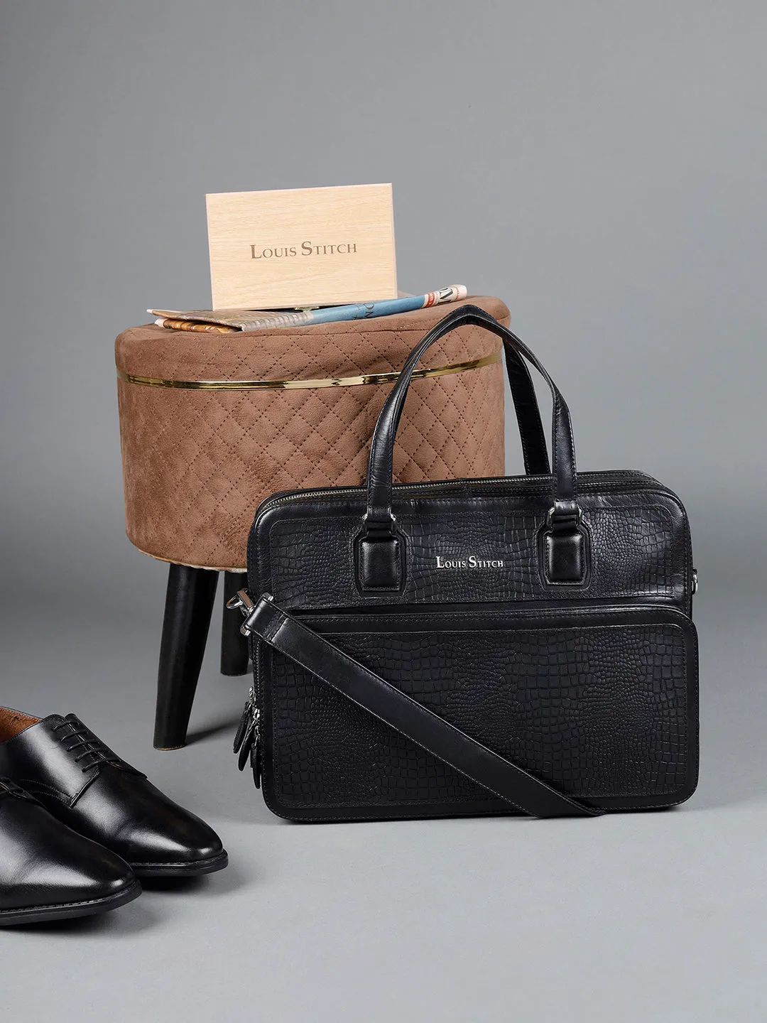 Men's Black Italian Leather Laptop Bag with Shoulder Strap