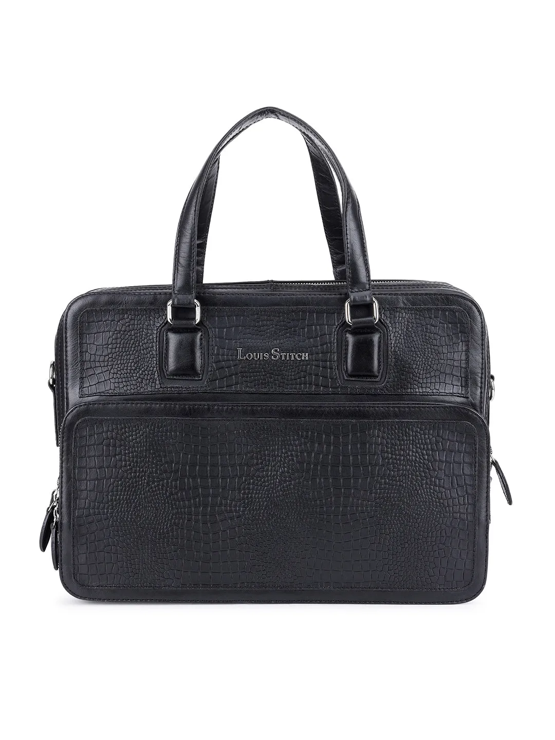Men's Black Italian Leather Laptop Bag with Shoulder Strap