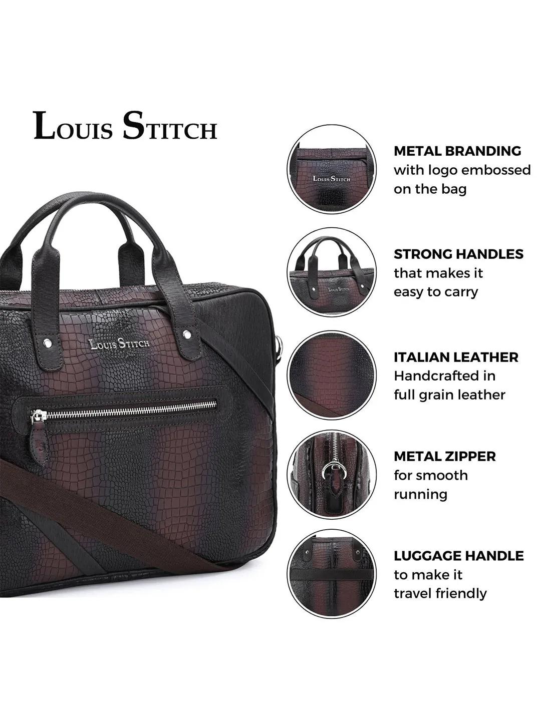 Men's Brown Italian Leather Dual Tone Laptop Bag with Shoulder Strap