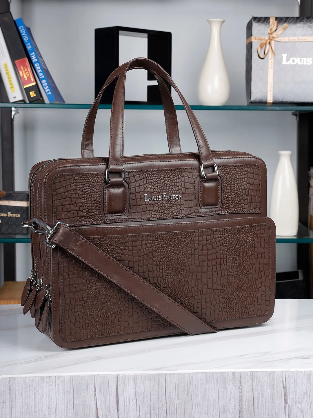 Men's Brown Italian Leather Laptop Bag with Shoulder Strap