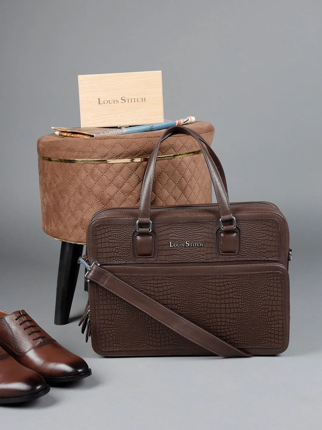 Men's Brown Italian Leather Laptop Bag with Shoulder Strap