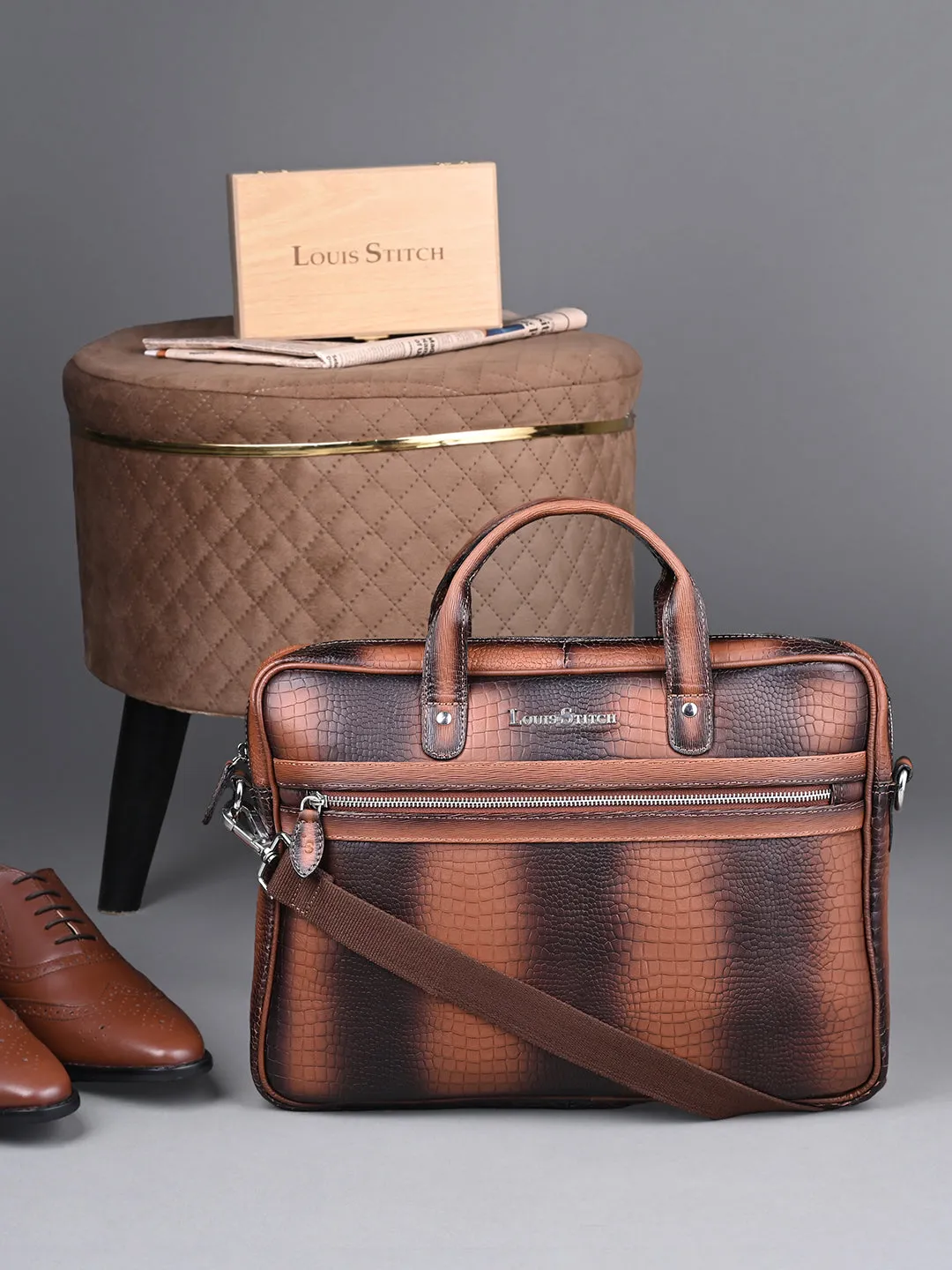 Men's Tan Italian Leather Dual Tone Laptop Bag with Shoulder Strap