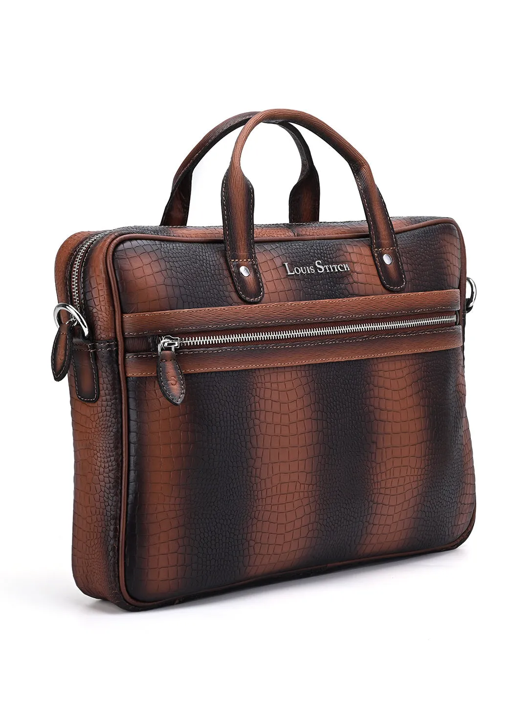 Men's Tan Italian Leather Dual Tone Laptop Bag with Shoulder Strap