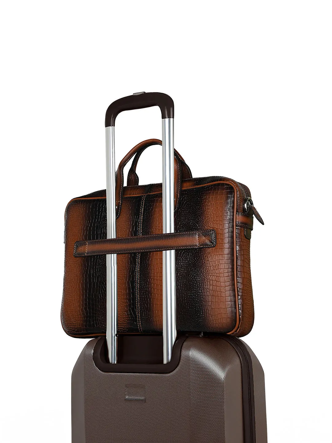 Men's Tan Italian Leather Dual Tone Laptop Bag with Shoulder Strap