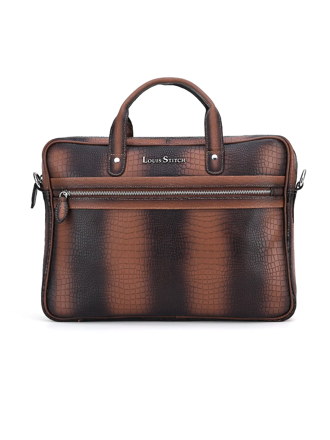 Men's Tan Italian Leather Dual Tone Laptop Bag with Shoulder Strap