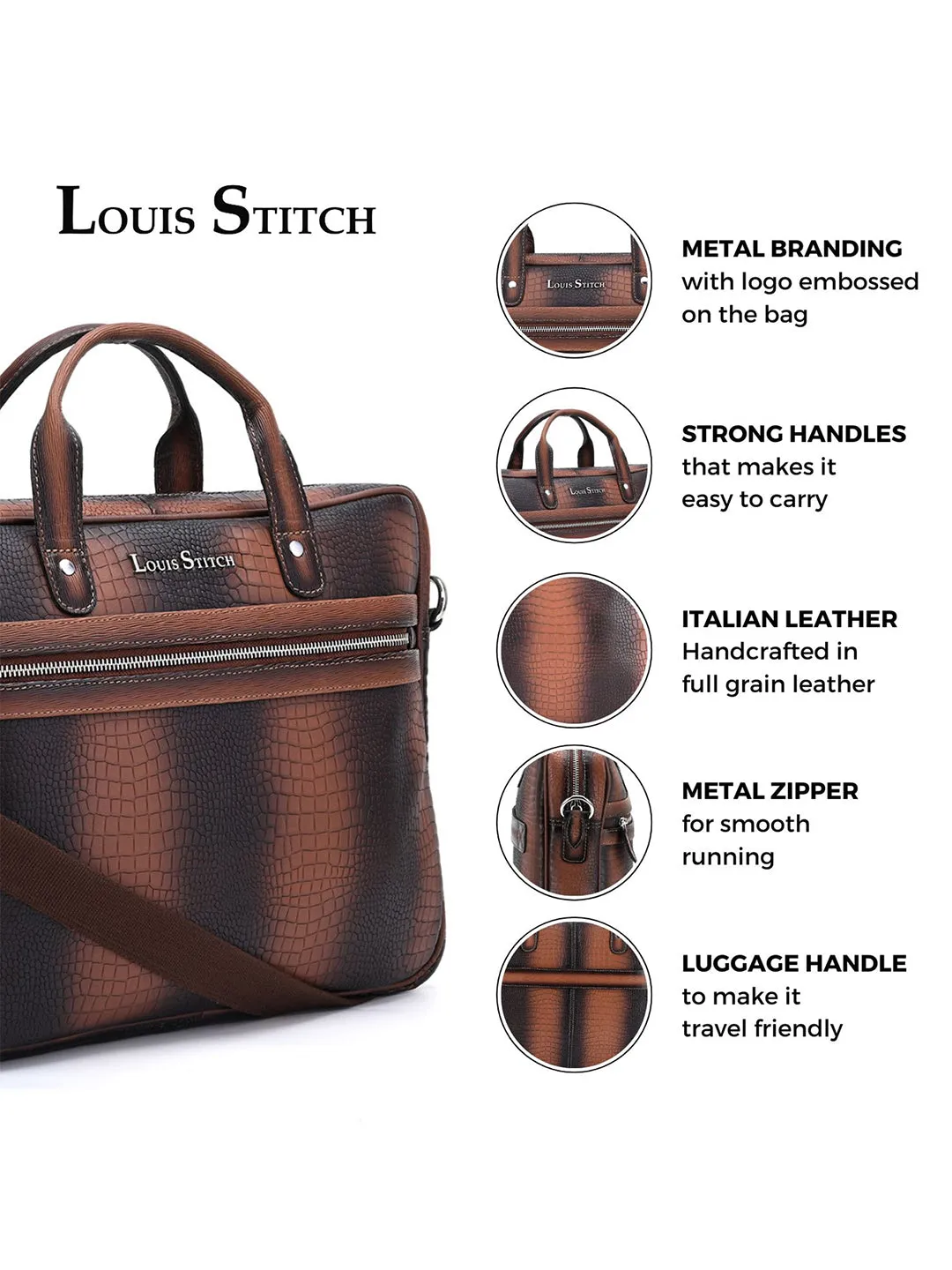 Men's Tan Italian Leather Dual Tone Laptop Bag with Shoulder Strap