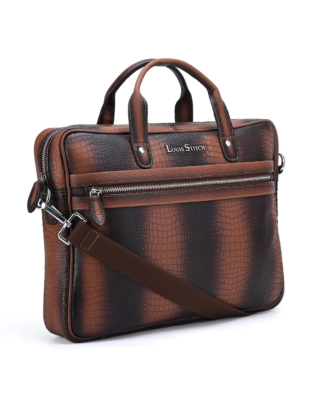 Men's Tan Italian Leather Dual Tone Laptop Bag with Shoulder Strap