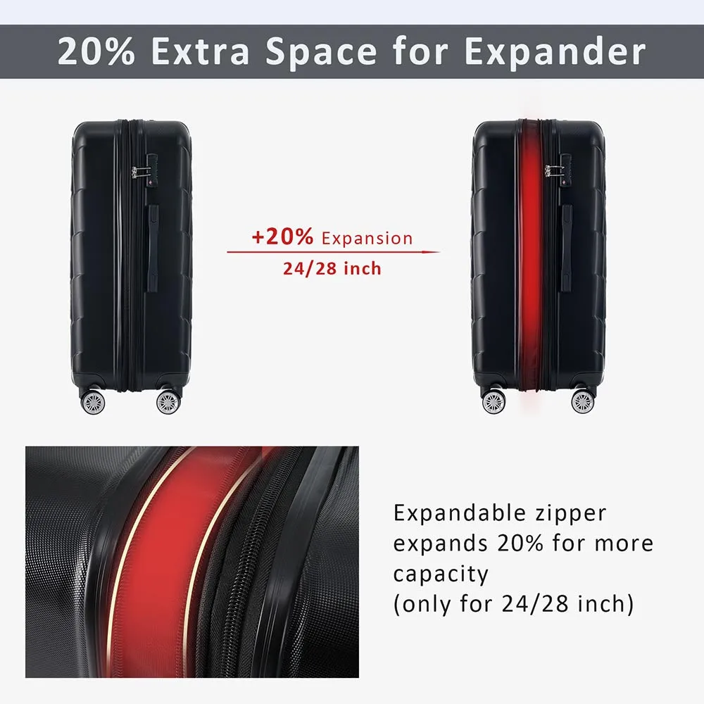 Set of 3 Lightweight Suitcase with TSA Lock and Spinner Wheels - Black