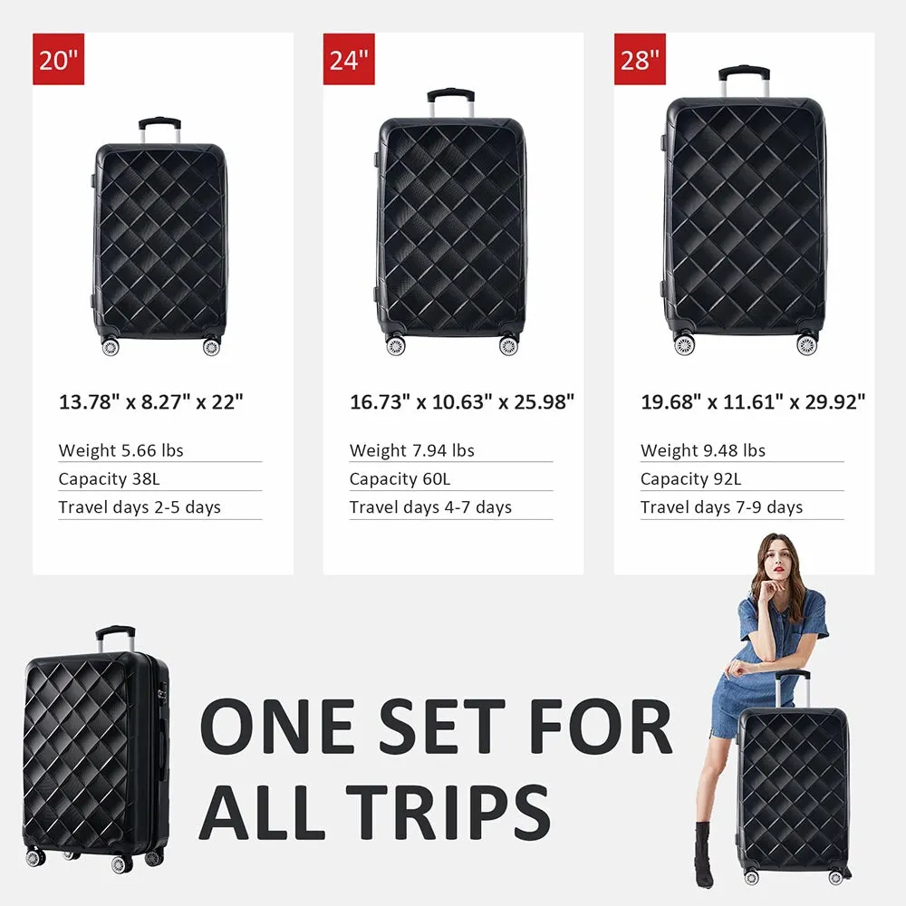 Set of 3 Lightweight Suitcase with TSA Lock and Spinner Wheels - Black