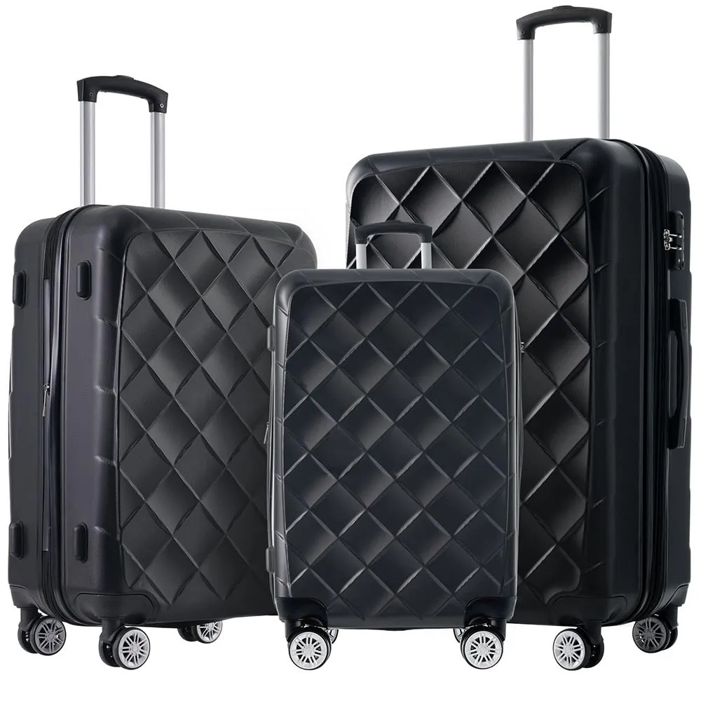 Set of 3 Lightweight Suitcase with TSA Lock and Spinner Wheels - Black