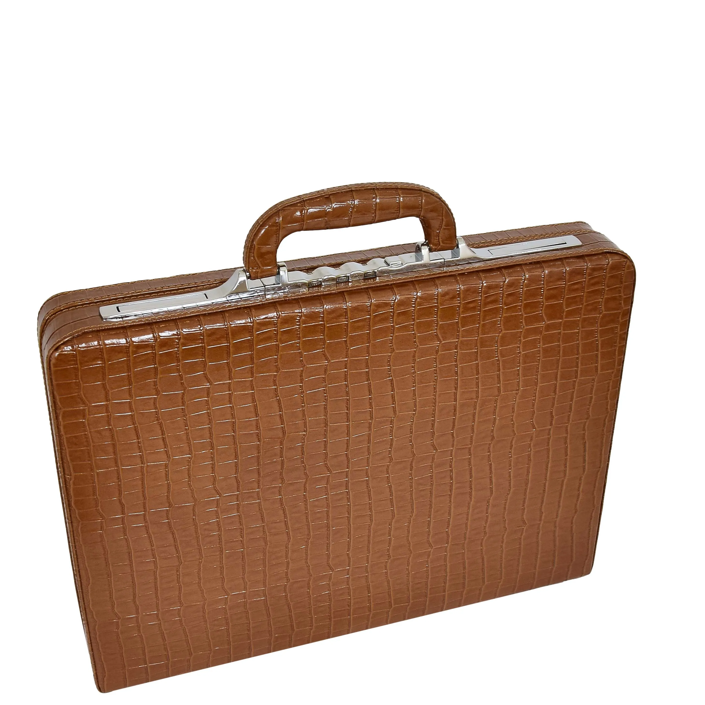 Slimline Brown Leather Attaché Case Croc-Print Briefcase Dual Lock Office Bag Mark