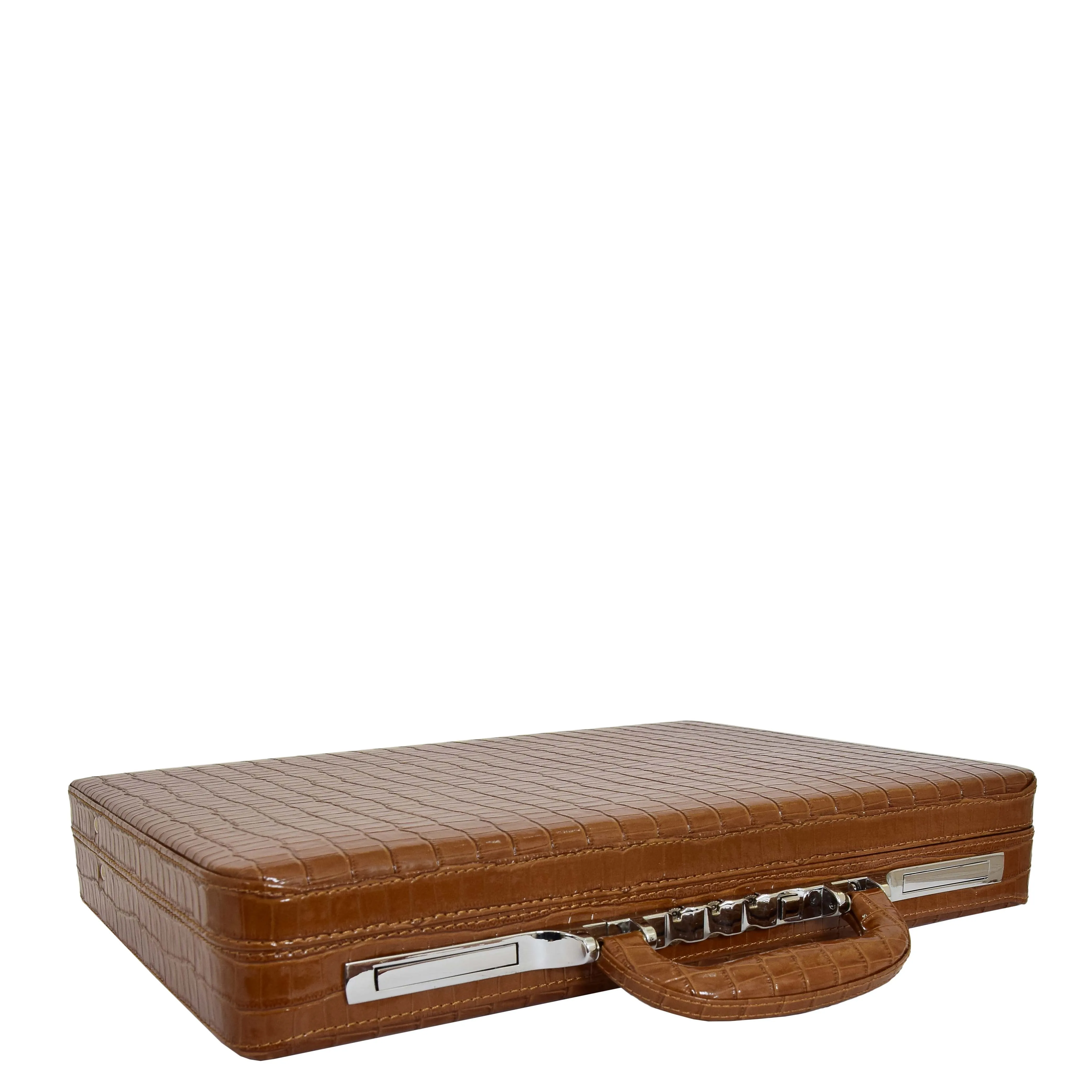 Slimline Brown Leather Attaché Case Croc-Print Briefcase Dual Lock Office Bag Mark