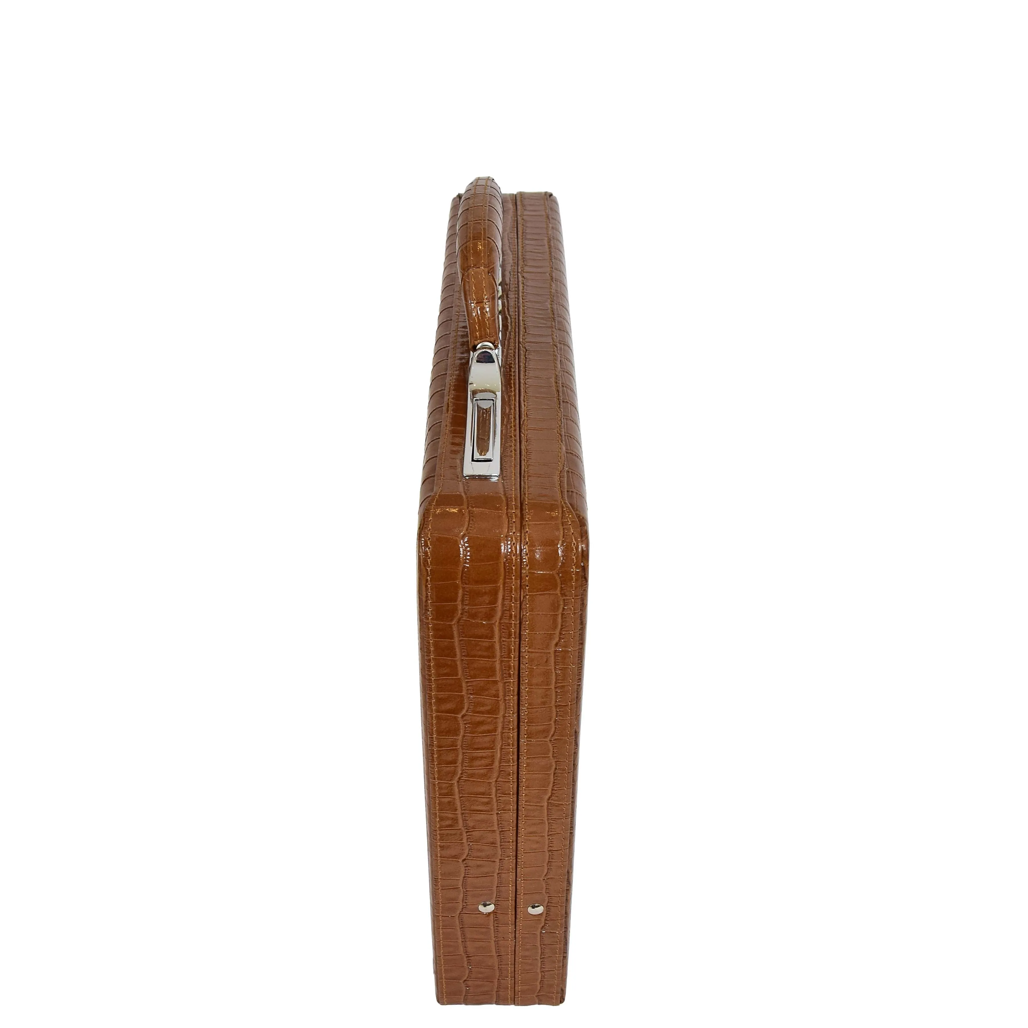 Slimline Brown Leather Attaché Case Croc-Print Briefcase Dual Lock Office Bag Mark
