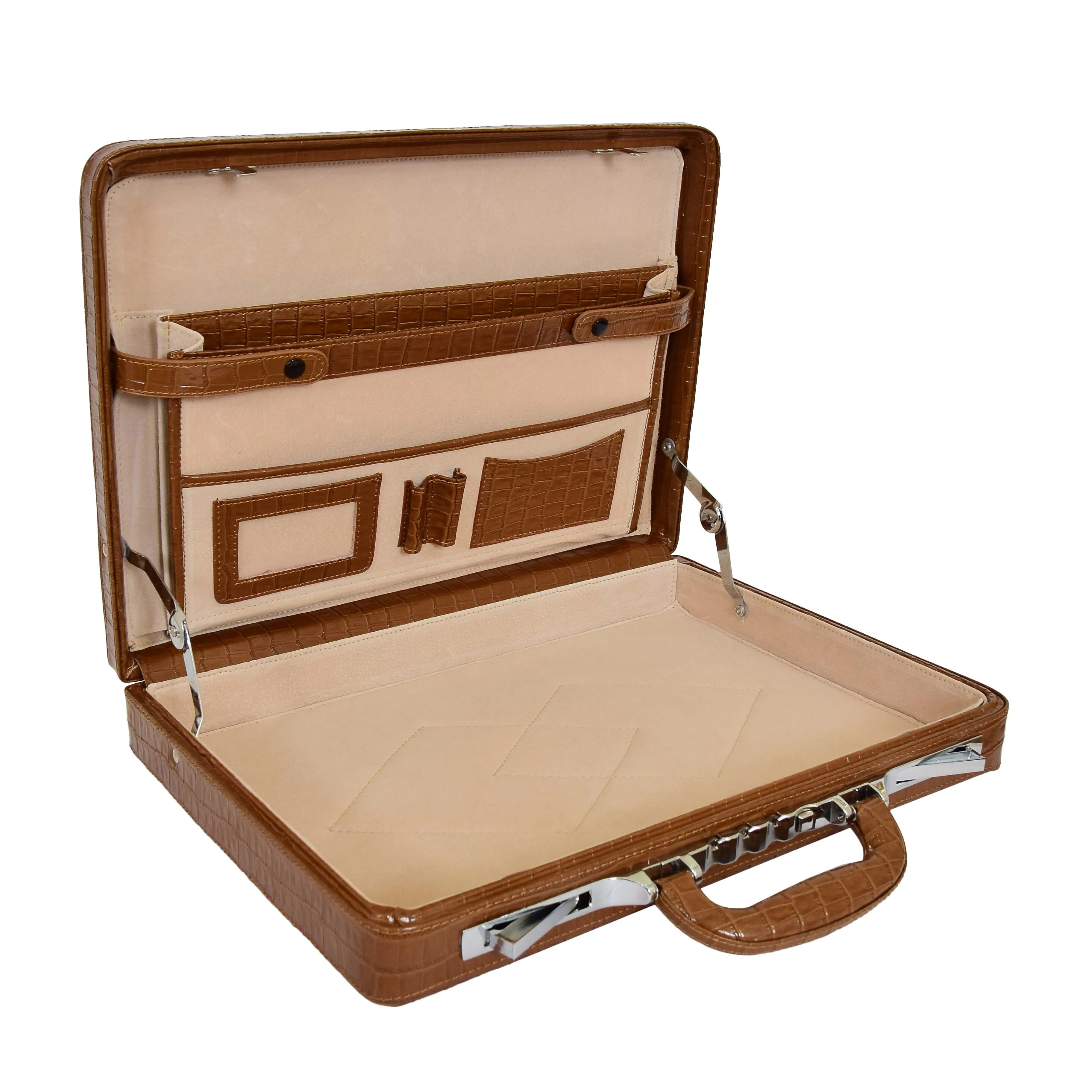 Slimline Brown Leather Attaché Case Croc-Print Briefcase Dual Lock Office Bag Mark
