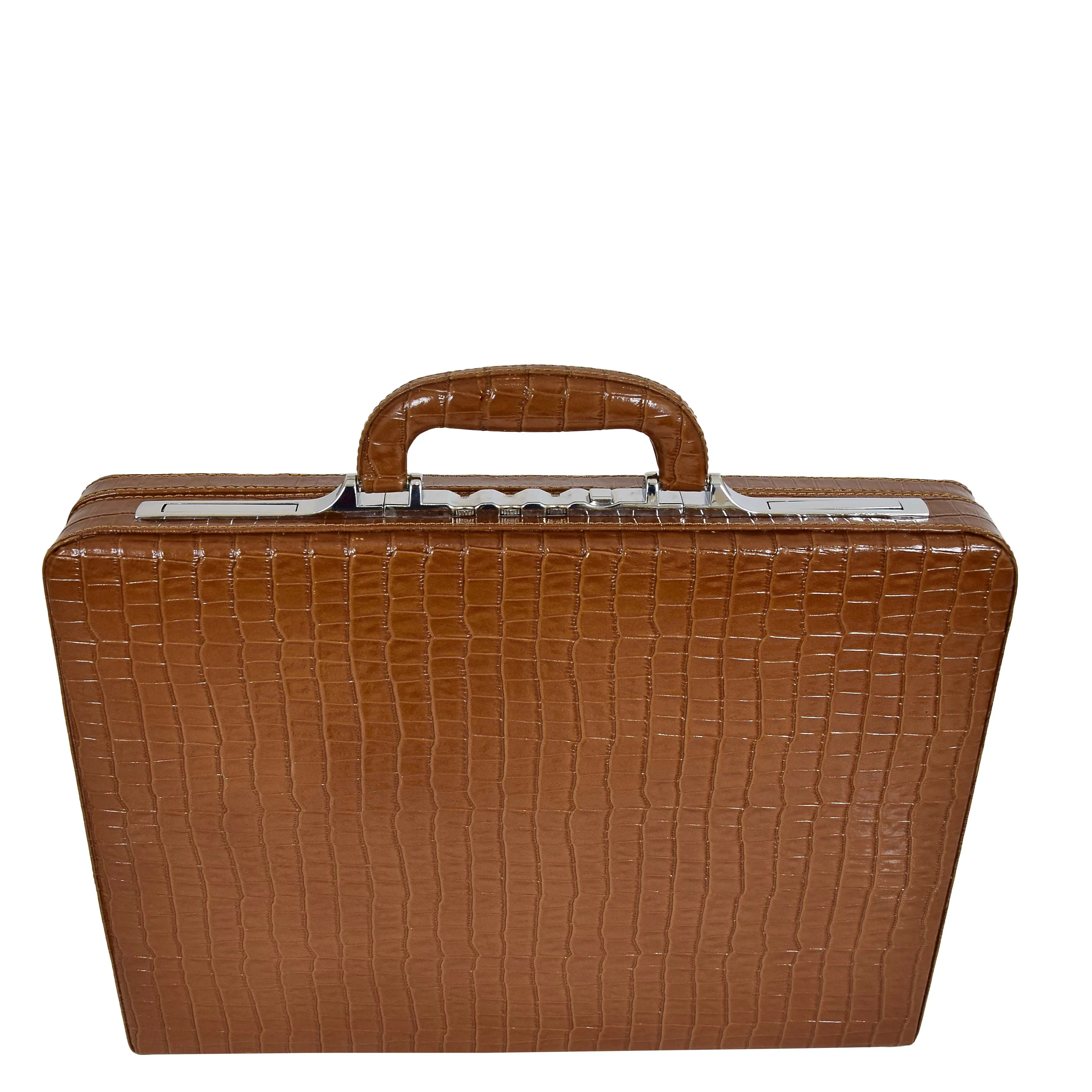 Slimline Brown Leather Attaché Case Croc-Print Briefcase Dual Lock Office Bag Mark