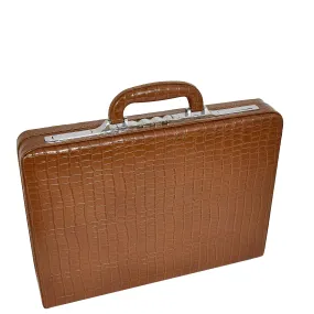 Slimline Brown Leather Attaché Case Croc-Print Briefcase Dual Lock Office Bag Mark