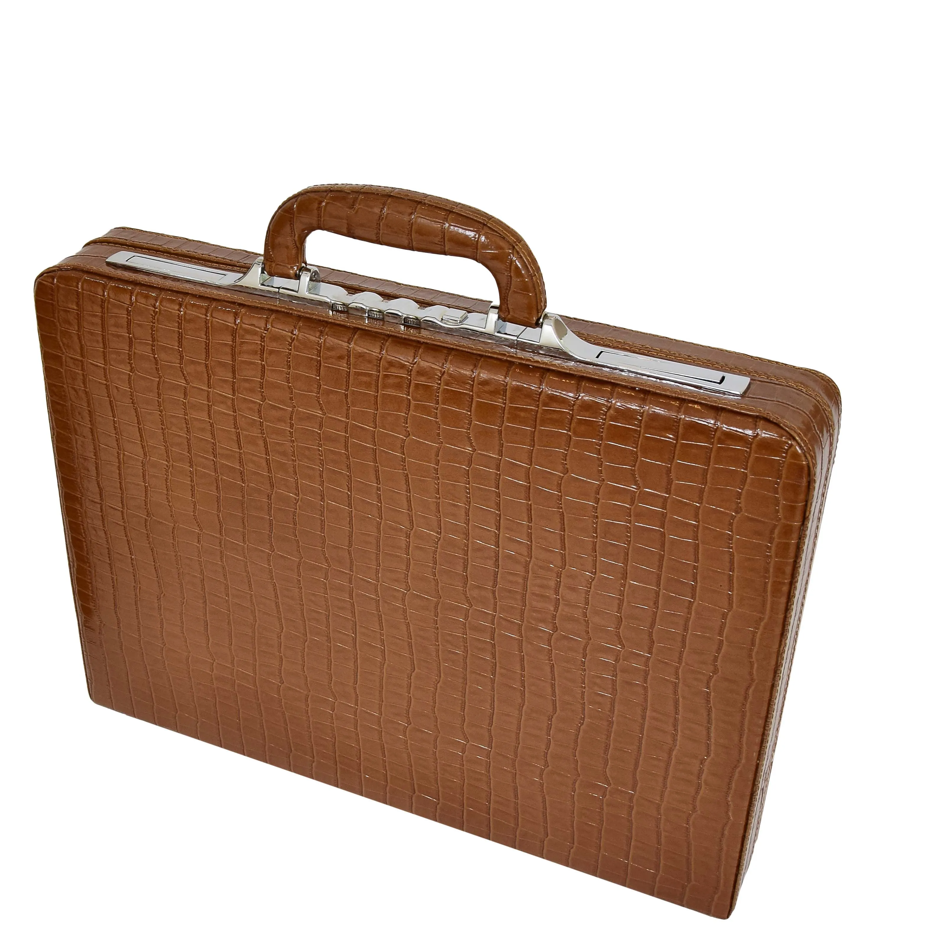 Slimline Brown Leather Attaché Case Croc-Print Briefcase Dual Lock Office Bag Mark