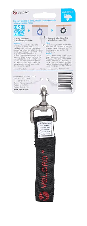 Velcro Easy Hang 430mm Strap with Hook, Black, 40kg